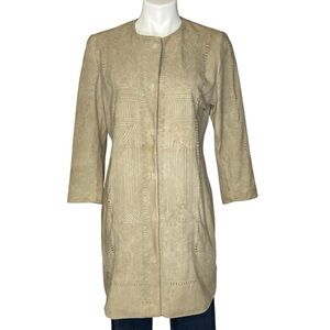 ELIE TAHARI Suede Jacket Boho Embellished  Leather Knee Length Tan Medium